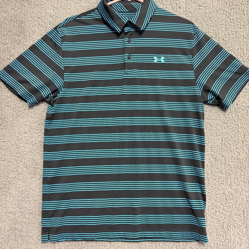 Under Armour HeatGear Men's MD/M Loose Fit Striped Polo Shirt Gray Blue Golf